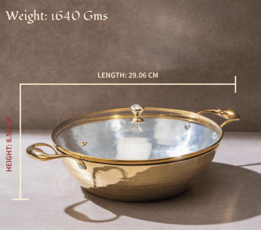 Flat Base Brass Kadhai with Glass Lid-Naturally non stick, Non Toxic, Teflon Free - Image 2